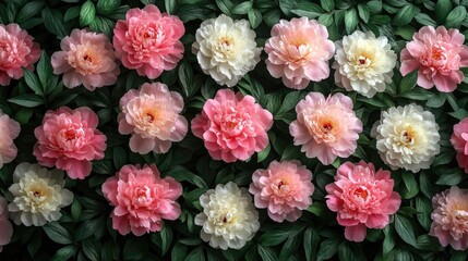 Naklejka premium Floral background of pastel peonies with fresh green leaves. Perfect for spring designs, cards, invitations and celebrations.