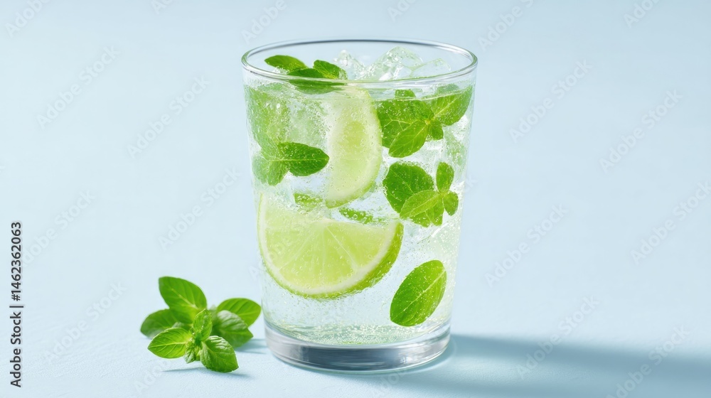 Poster minimalistic image of refreshing drink isolated on clean white background with abundant copy space