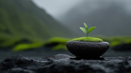 A small sprout emerges from a stone, nestled amongst moss and volcanic rock, suggesting growth, serenity, and the power of nature