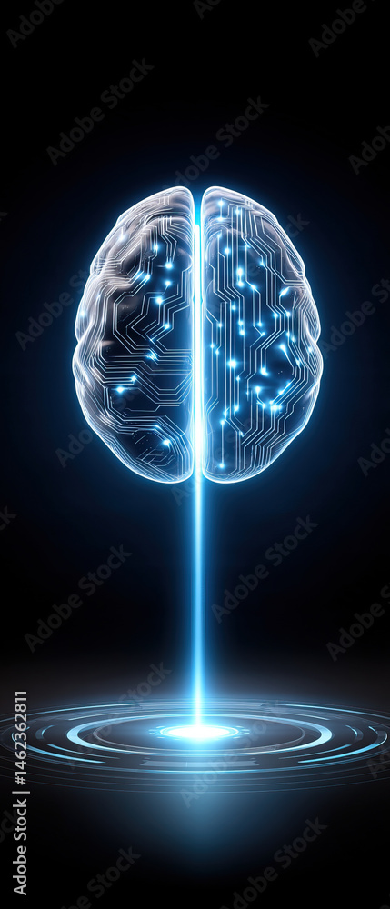 Poster digital brain with glowing circuit lines and light beam, symbolizing futuristic technology and artif