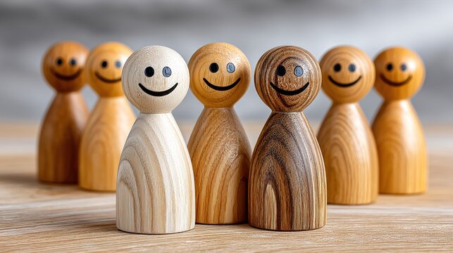 Wooden toys figure with an elegant smile stands, symbolizing the concept of a leader and confident person. Management and leadership.