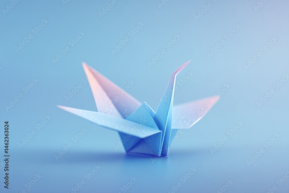 Poster minimalistic setup focusing on artfully folded origami crane with ample copy space around it