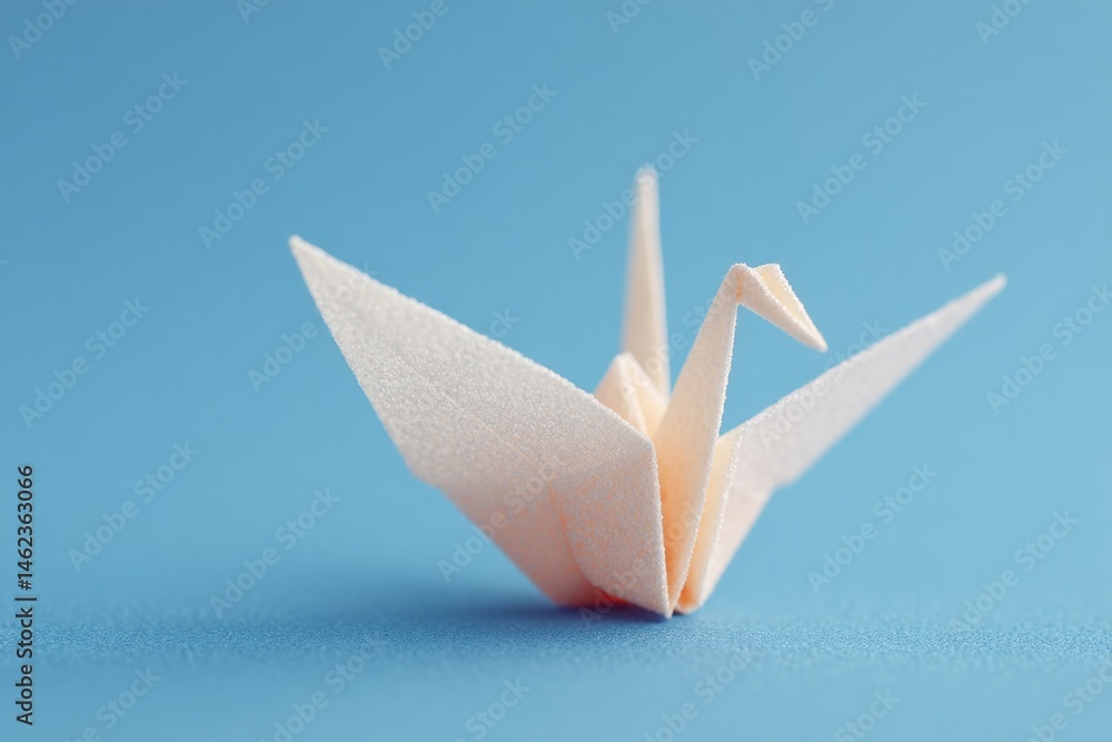 Poster minimalistic setup focusing on artfully folded origami crane with ample copy space around it