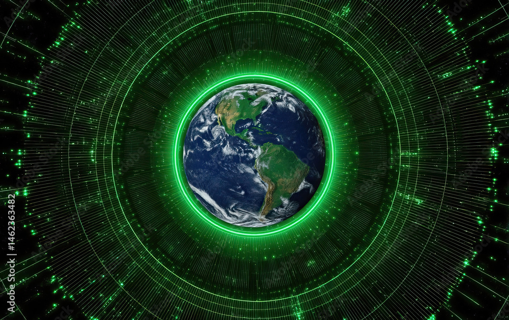Poster earth globe digital technology concept with green glowing circular data visualization and network co