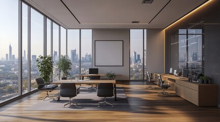 Obraz premium Blank poster mockup on wall in modern office with city view and minimalist open workspace in 3D rendering 