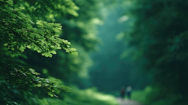 of green forest trail with blurred hikers creating abstract movement effect