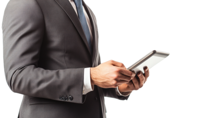 Portrait of a professional, young handsome businessman holding a tablet, isolated on white background, half body shot, relaxed