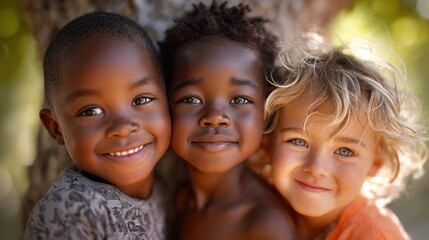 Obraz premium A heartwarming portrait of three ethnically diverse children smiling brightly together.
