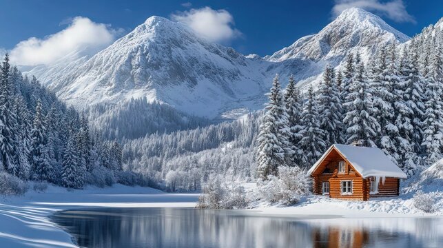 Alpine winter landscape with cabin at Balea Lake and Fagaras Mountains covered with snow in Sibiu County, Romania