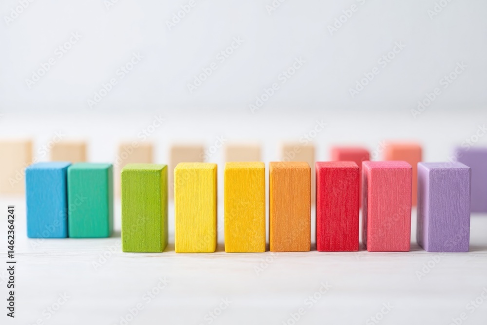 Aufkleber rows of vibrant colored wooden blocks aligned neatly on plain white table surface in soft-focus pres