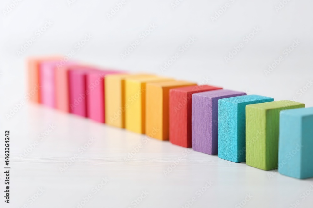 Poster rows of vibrant colored wooden blocks aligned neatly on plain white table surface in soft-focus pres