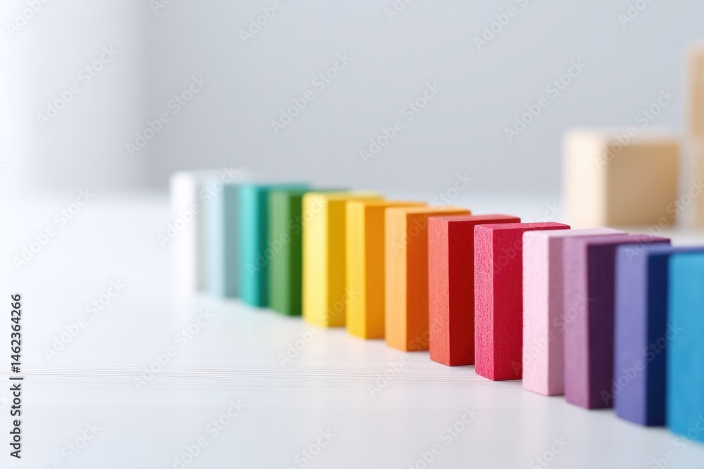 Aufkleber rows of vibrant colored wooden blocks aligned neatly on plain white table surface in soft-focus pres