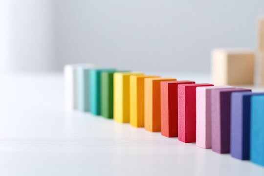rows of vibrant colored wooden blocks aligned neatly on plain white table surface in soft-focus preschool setting representing