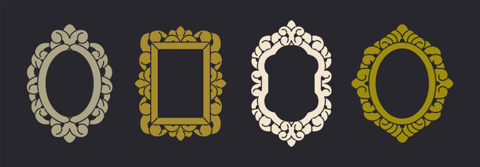 Antique mirror frame border set vector illustration. Abstract decorative ornament empty template.