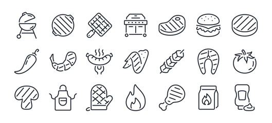 BBQ barbecue grill, meat, sausage, fish, chicken cooking editable stroke outline icons set isolated on white background flat vector illustration. Pixel perfect. 64 x 64.