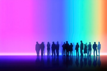 silhouettes of diverse individuals on vibrant neon gradient background symbolizing social disparity and diversity