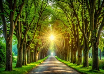 Serene Allee: Sunlit Path Through Lush Trees, High Depth of Field