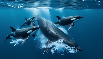 Fototapeta premium Pod of Orcas Swimming Dynamically in the Deep Blue Sea Creating a Splash with Sunlight Filtering Through Water in Marine Animal Theme
