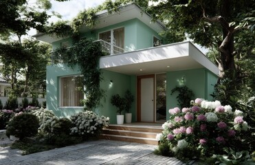 Fototapeta premium Modern green sustainable house surrounded by lush greenery