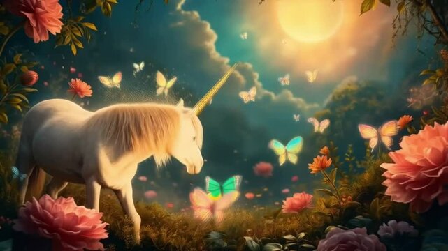 A unicorn walks among flowers and butterflies. Smooth repeating motion for background video animation.