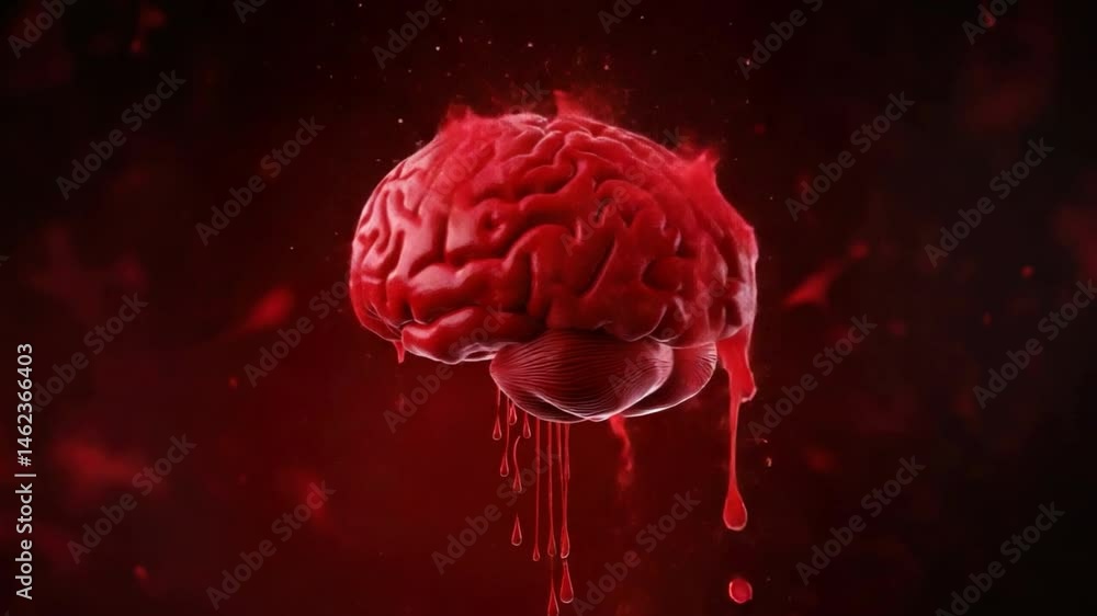Poster abstract representation of a human brain enveloped in a vivid red atmosphere with dripping elements 