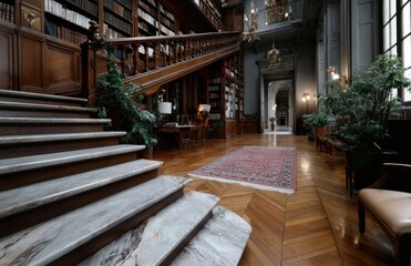 Obraz premium Elegant library interior with wooden staircase and bookshelves