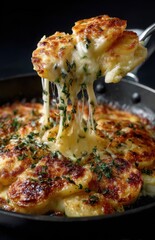 Lifting a slice of crispy potato rosti with melted cheese and herbs from frying pan