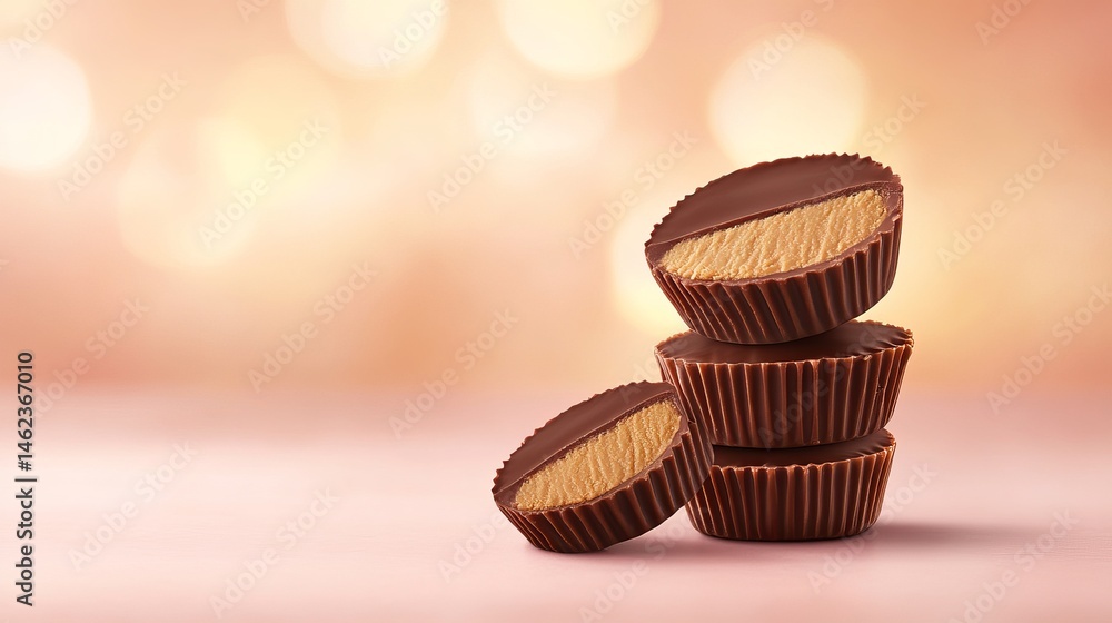 Poster stack of chocolate peanut butter cups are displayed against soft, blurred background with one sliced