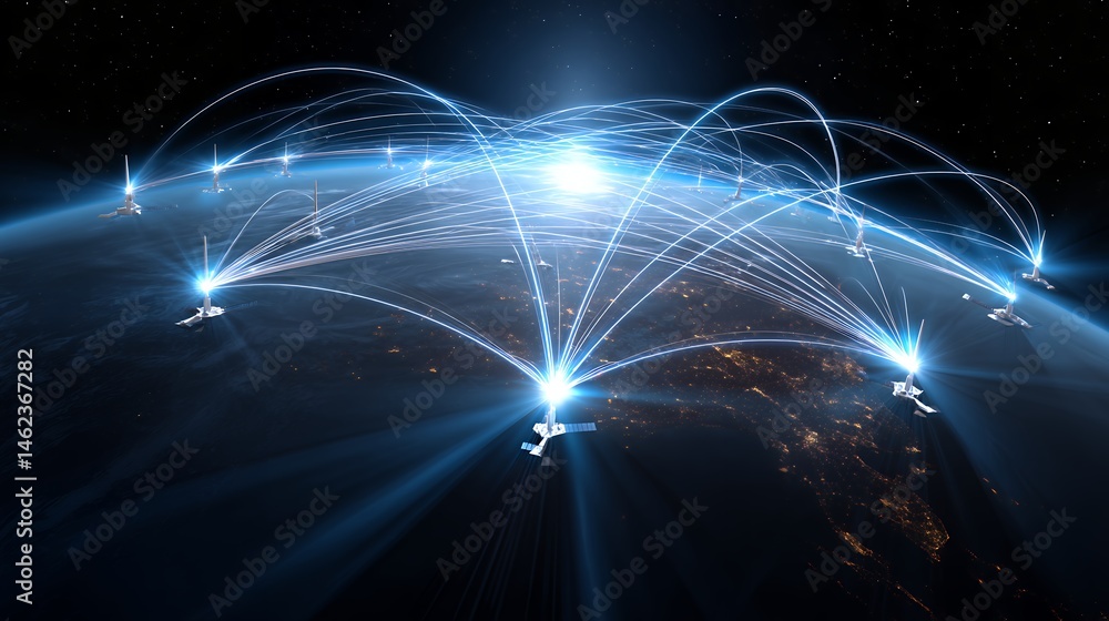 Poster global network connections illuminated earth with digital data streams