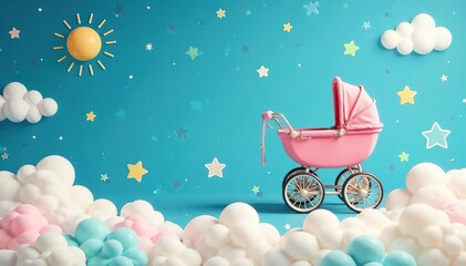 Pastel colored strollers, whimsical clouds & stars pattern, carriage, soft, texture