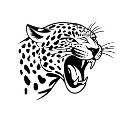A black and white vector illustration of a leopard's head, set against a white background.