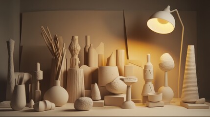 Beige still life composition illuminated by a lamp.