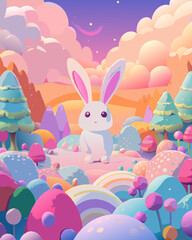 Cute Easter Bunny in a Pastel Dreamland Landscape
