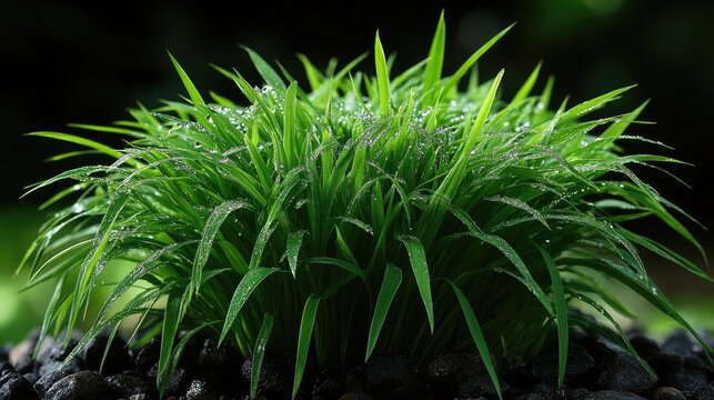 Fresh green grass covered in water droplets shines against a dark background. Ideal for nature themes, wellness campaigns, or tranquil background designs.