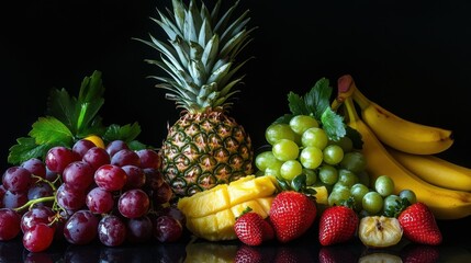 A vibrant arrangement of various fruits including grapes, bananas, strawberries, and a pineapple, set against a black background, highlighting freshness and health