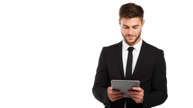Portrait of a professional, young handsome businessman holding a tablet, isolated on white background, half body shot, relaxed