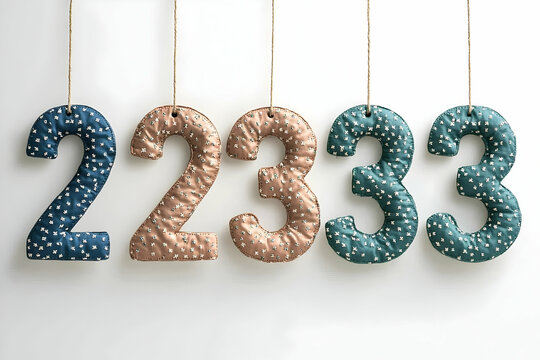 Hanging fabric numbers decorative numerals against white background