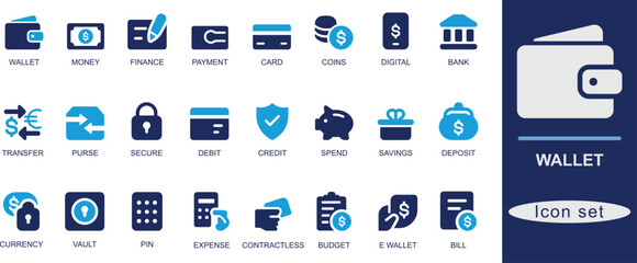 Modern wallet icon set with bold line and color style. Includes finance, debit, credit, money, savings, budget, and payment icons. Ideal for fintech and UI.