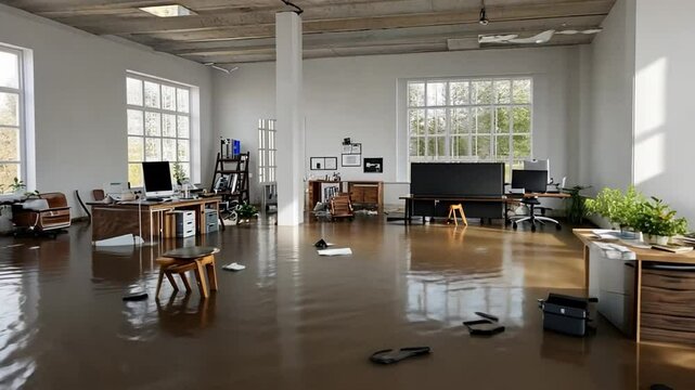 Flooded office space with scattered furniture and documents, reflecting chaos and disarray