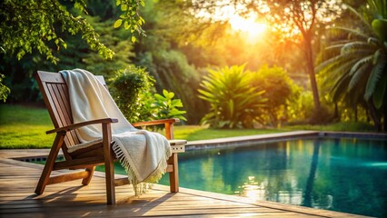Obraz premium Serene Poolside Relaxation: Rustic Chair & White Blanket Silhouette