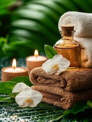 Fototapeta na wymiar Spa setting with candles, oil, towels, and orchids