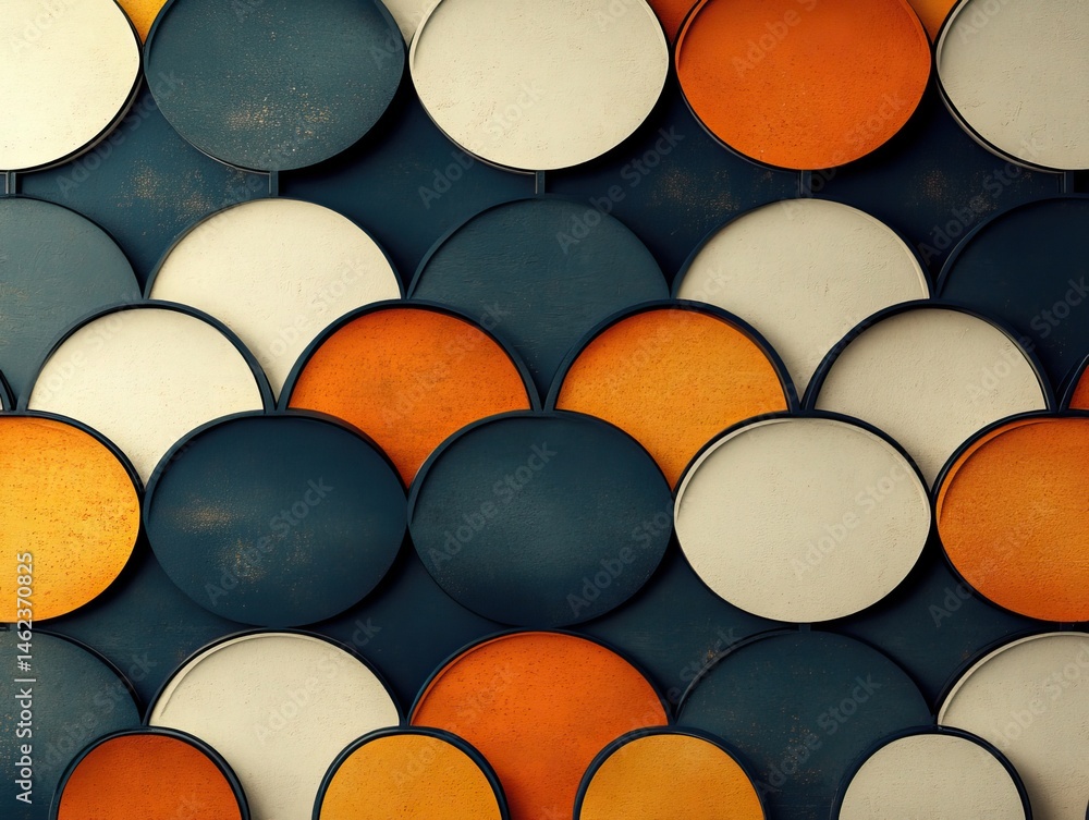 Poster abstract circles pattern in blue, cream, and orange with aged textures. useful as a background, for 