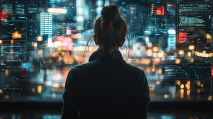 A person views multiple digital data screens against a city nightscape, suggesting advanced technology and urban innovation.