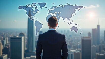 Global Business Vision: Leader Overlooking Cityscape with World Map Projection, International Expansion Concept