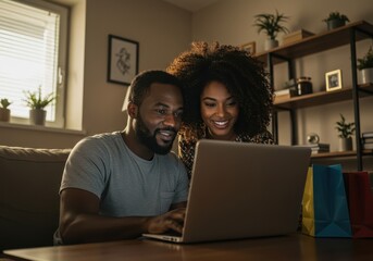 smiling young african american couple using laptop. cozy home with natural light. lifestyle, family, technology. online shopping, remote work, casual browsing.