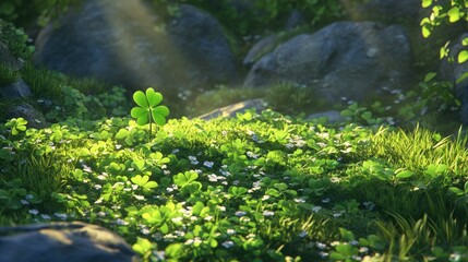 A patch of clovers with one fourleaf clover highlighted among the rest