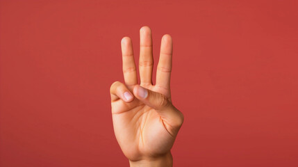 Close-up of a human hand making the number three gesture with three fingers raised against a clean solid color background, symbolizing counting, communication, and expression