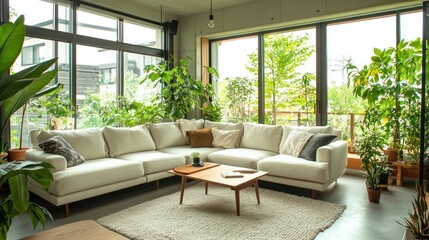 Fototapeta premium Modern, light-filled living room with a comfortable sectional sofa and ample greenery