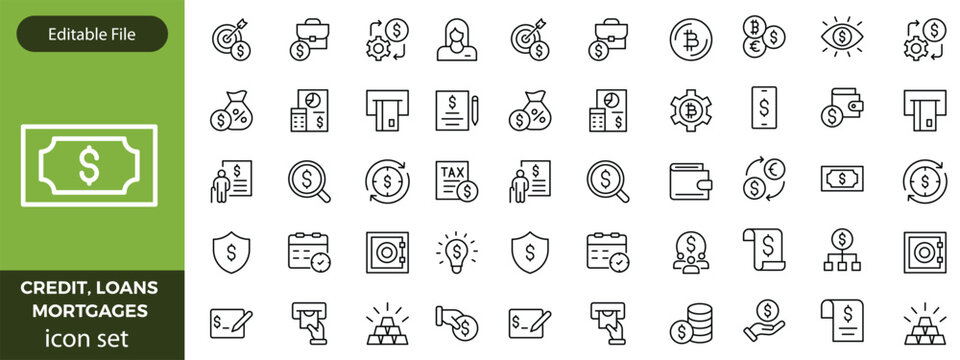 Credit, Loans and Mortgages web icons in outline style. Credit card, deposit, car leasing, rate interest, calculator, income, rating, collection. Editable stroke outline icon.