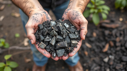 a pile of ash for use in the vegetable garden  man holds a handful of wood ash in both hands
